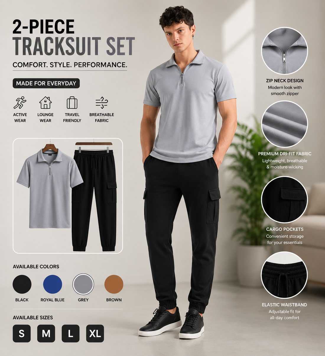 Men's Premium 2-Piece Dri-Fit Tracksuit Set – Zip Neck Shirt & Tapered Jogger Pants
